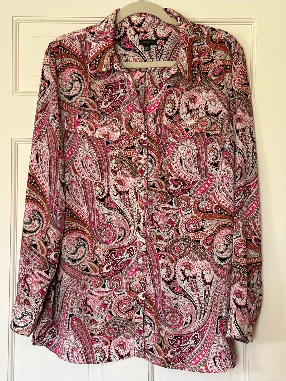 Talbots XL Pink Brown Paisley Long-Sleeve Button Blouse Collar chest pockets - Picture 1 of 6